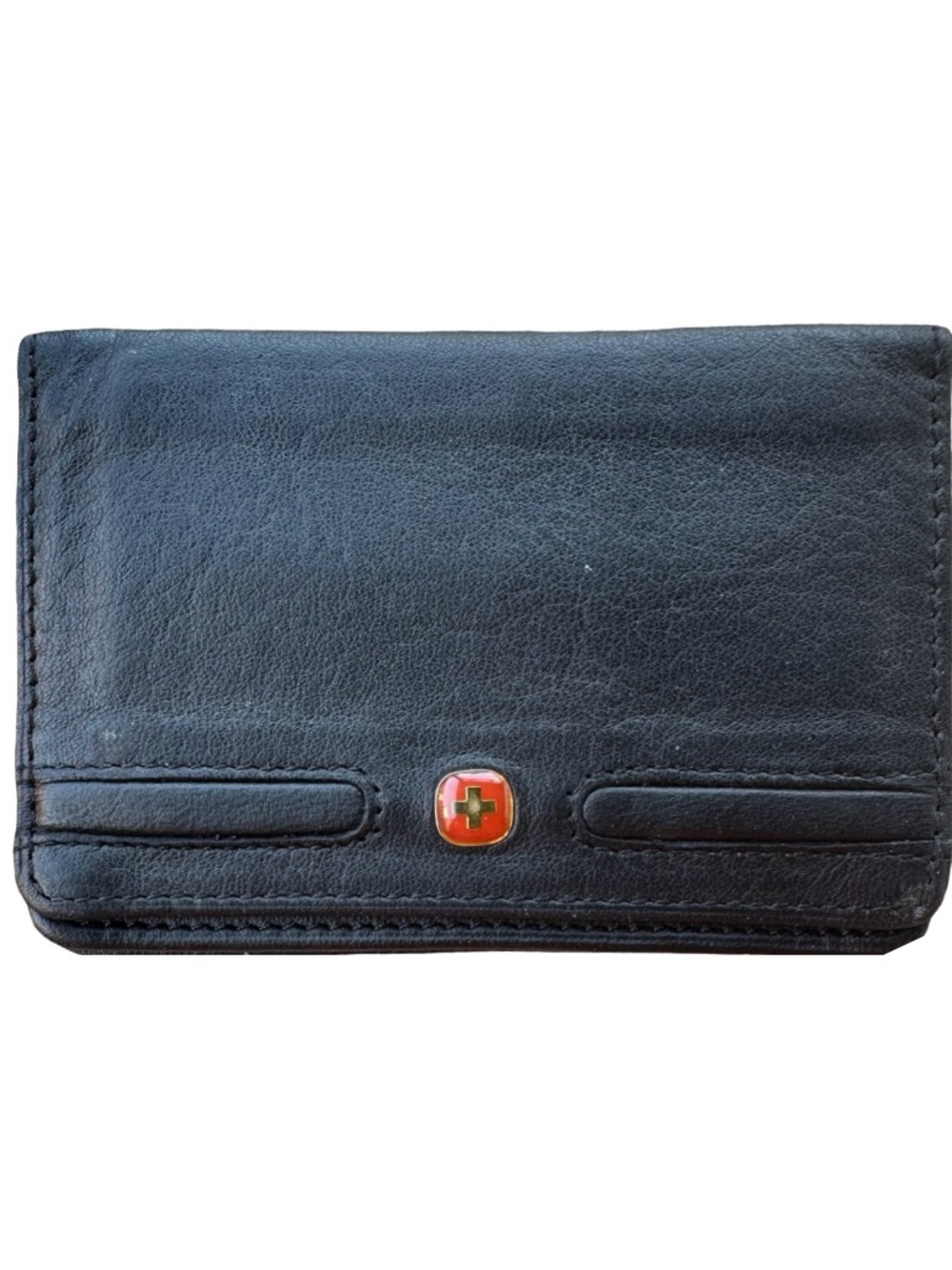 WENGER Black Leather Card Case Wallet 4 1/4”x3” Bifold Mini-Folio Clear ID